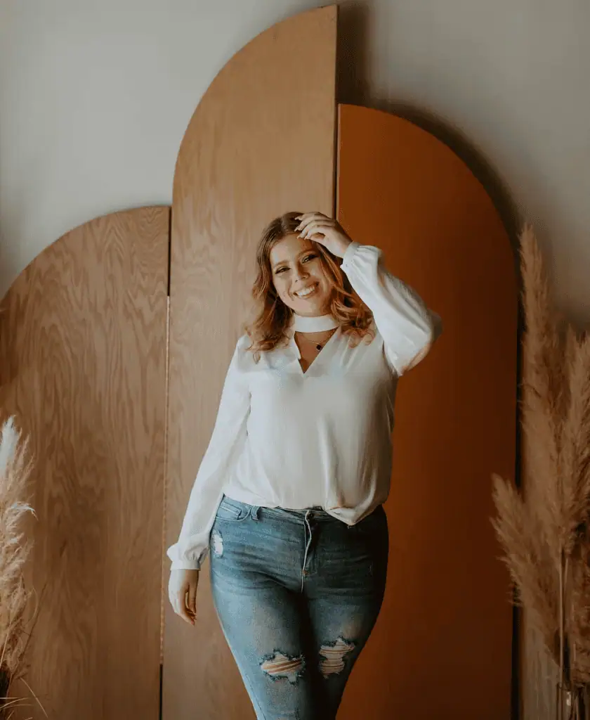 Smiling woman in modern interior for SEO.