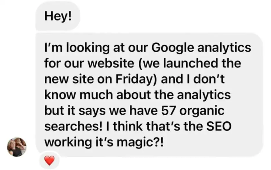 Services + Pricing Guide 7 Client message: 57 organic searches days after launching the new site