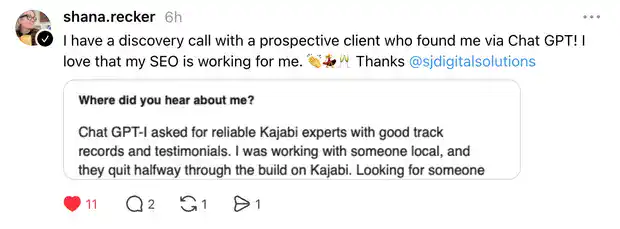 Services + Pricing Guide 4 Shana Recker post: discovery call with a prospect who found her via ChatGPT