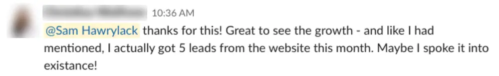 Services 7 Client Slack message: 5 leads from the website this month