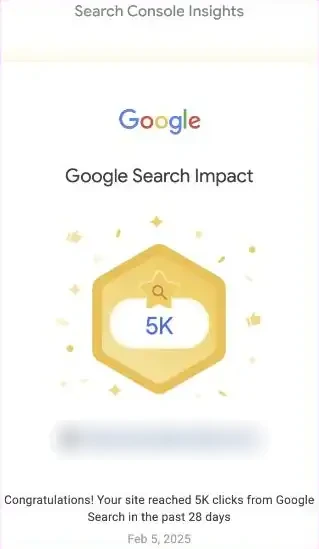 Services 6 Google Search Console badge: client website reached 5K clicks from Google Search in 28 days