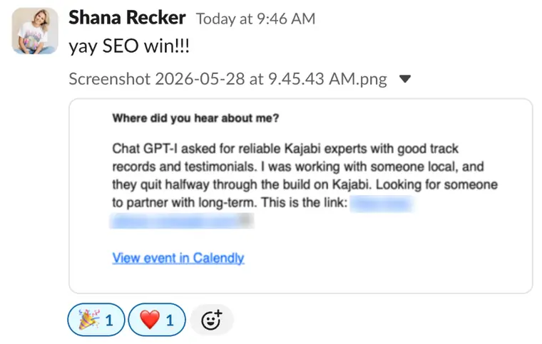Services 5 Client Slack message: a new lead found her through ChatGPT